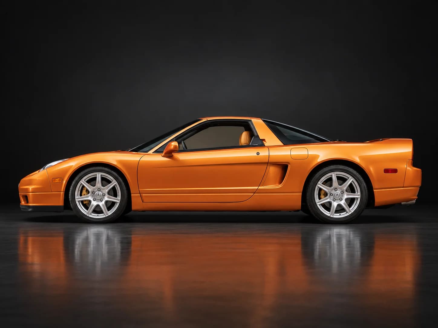 2004 Acura NSX-T in Imola Orange Pearl, side profile, illustration in a dark studio setting