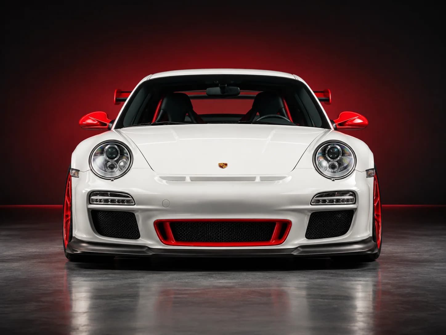 2010 Porsche 911 GT3 RS in Carrara White with Guards Red accents, front view, illustration in a dark studio setting