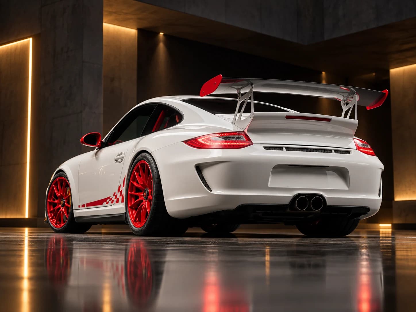 2010 Porsche 911 GT3 RS in Carrara White with Guards Red accents, rear three-quarter view, illustration in a dark studio setting
