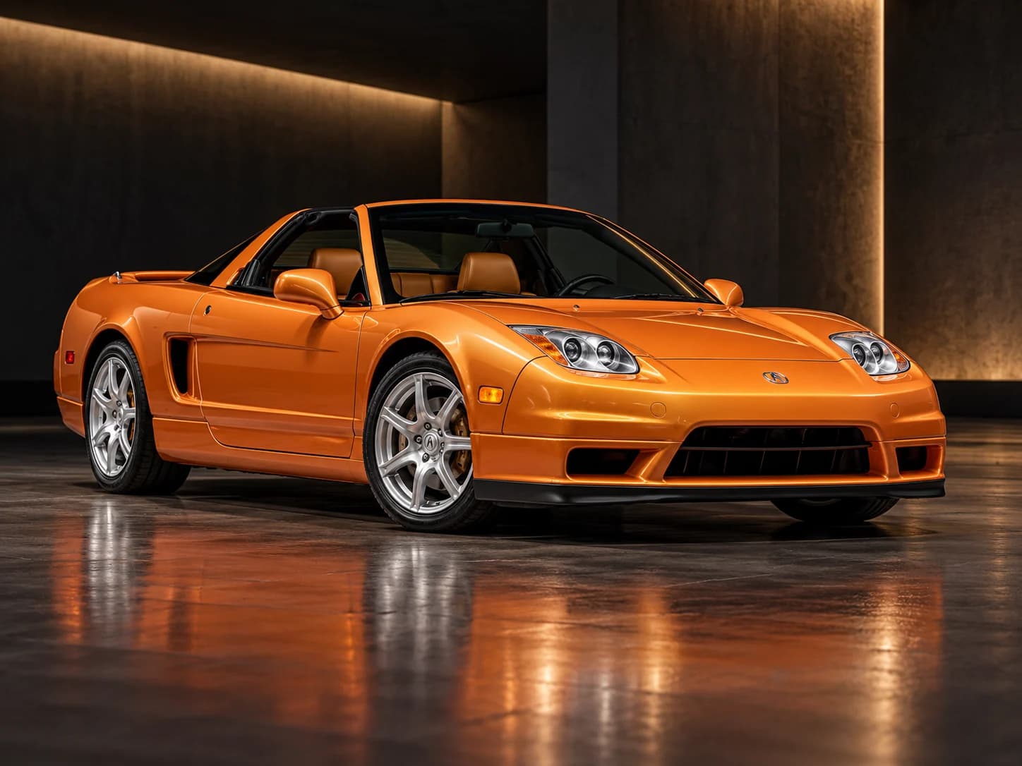 2004 Acura NSX-T in Imola Orange Pearl, front three-quarter view, illustration in a dark studio setting