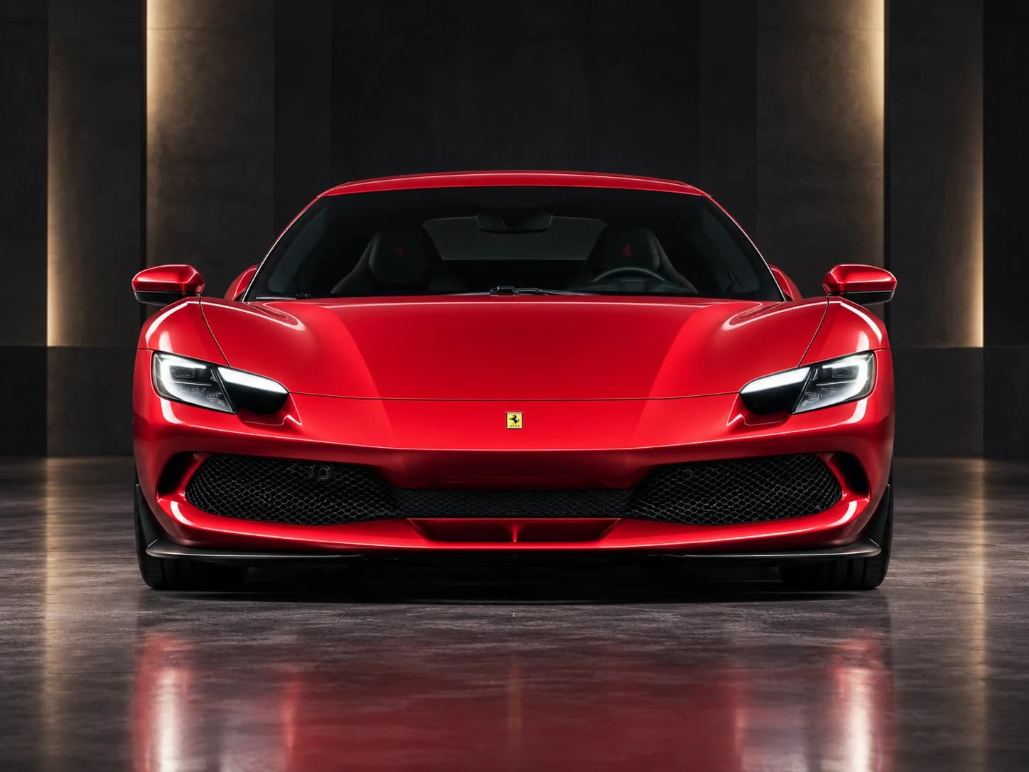 A red Ferrari 296 GTB from the front, in a dark studio