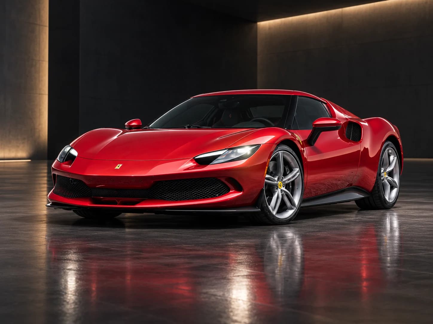 2022 Ferrari 296 GTB in Rosso Imola, front three-quarter view, illustration in a dark studio setting