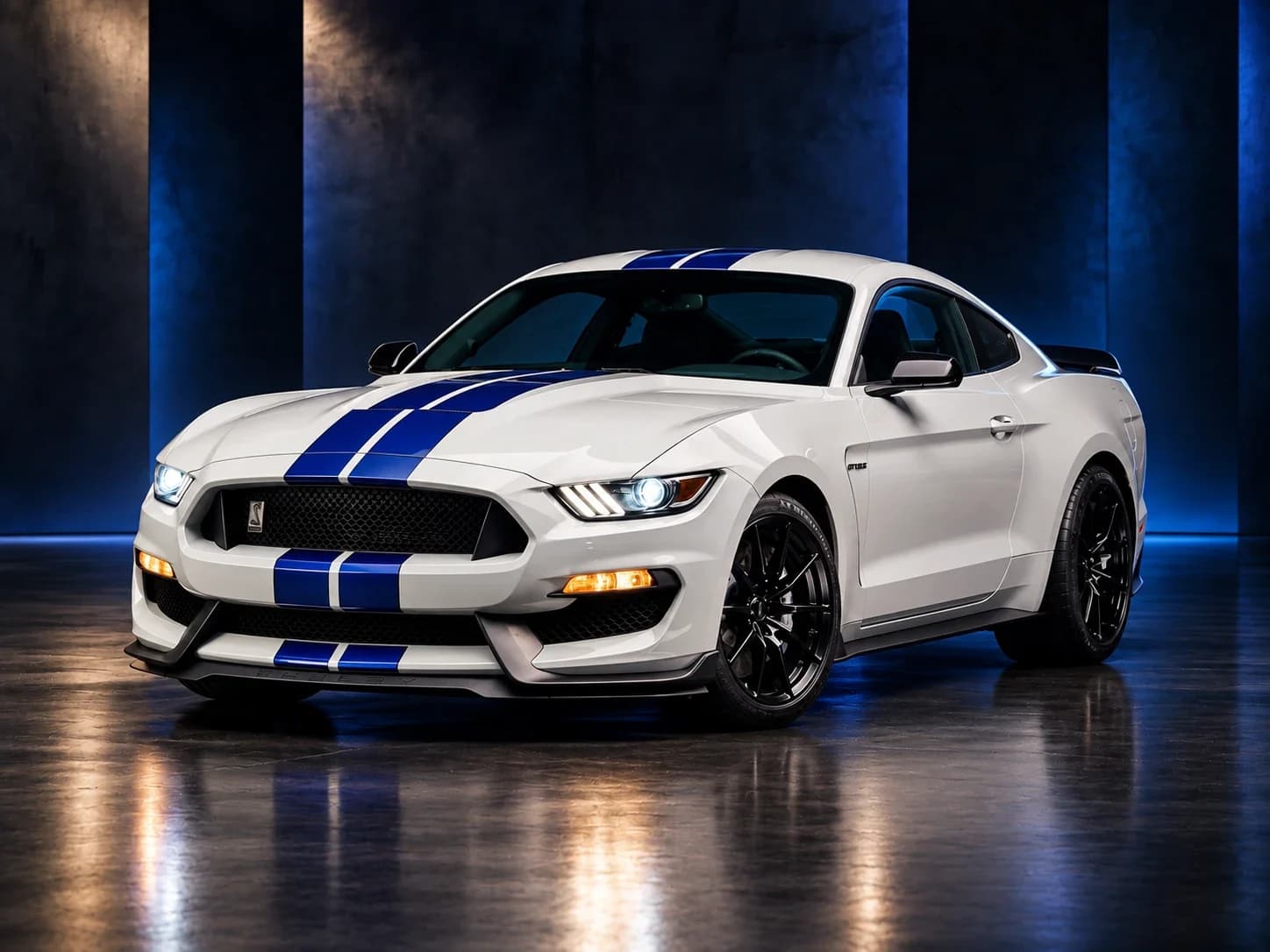A white Shelby GT350 with blue stripes in a dark studio
